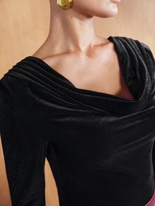 MOTF PREMIUM WOMEN'S SOLID COLOR COWL NECK CASUAL DAILY LONG SLEEVE SHIRT - Black - View 2