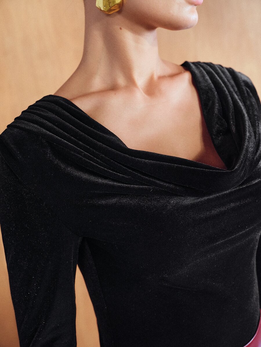 MOTF PREMIUM WOMEN'S SOLID COLOR COWL NECK CASUAL DAILY LONG SLEEVE SHIRT - Black - View 2