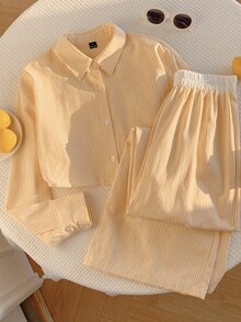 Comfortcana Women's Striped Long Sleeve Top And Pants Casual Daily Set - Yellow - View 6