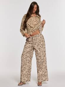 Opulessa Women's Animal Print Contrast Button Shirt And Drawstring Waist Loose Pants 2 Pieces Set - Brown - View 4