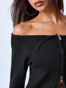 Y2Kool Women's Black Short Cold Shoulder Zipper Lapel Sweater, Slim Fit Comfortable Cardigan, Suitable For Commuting, Dating, Shopping And Vacation Outfits - Black - View 7