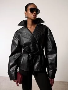 MERLEAU Women's Modern Sexy Elegant Black Textured Belt Design Jacket Night Out Fall - Black - View 1
