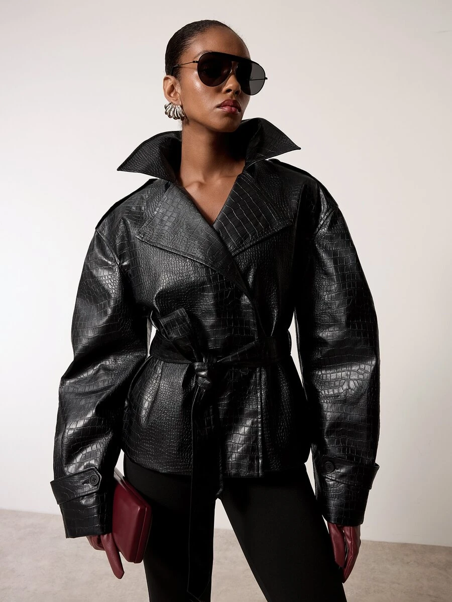 MERLEAU Women's Modern Sexy Elegant Black Textured Belt Design Jacket Night Out Fall - Black - View 1