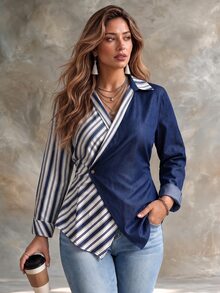 Ceyna Plus Size Long Sleeve Shirt With Denim Effect Patchwork, Striped Print, Colorblock And Single Button - Multicolor - View 6