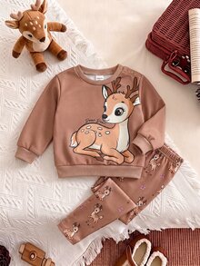 SHEIN 新生兒卡通圖案長袖上衣與長褲休閒日常套裝 - 棕色 - 查看 8
