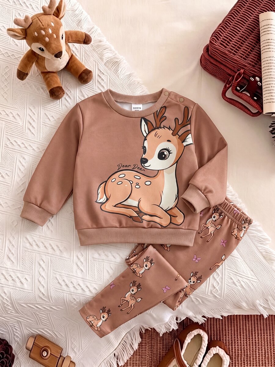 SHEIN Pakaian Kasual Sehari-hari untuk Bayi Baru Lahir: Atasan Lengan Panjang dan Celana Motif Kartun - Coklat - View 1