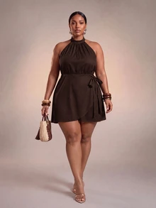 Veslaya Plus Size Women Solid Color Side Knot Halter Neck Fashion Dress - Rust Brown - View 1