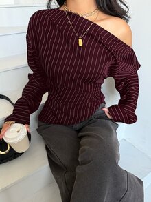 Siren Gaze 女款條紋單肩襯衫，優雅街頭風辦公室夜店秋季上衣，修身不對稱收腰設計，酒紅/波爾多紅 - 酒紅色 - 查看 3