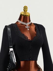 Mistrie Cardigan Wanita Musim Semi/Gugur Hitam dengan Lengan Lonceng dan Potongan Ramping, Model Slim Fit, Kancing Depan - Hitam - View 6