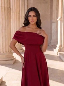 Coutiva Women's Elegant Fashion Cold Shoulder High Waist Evening Party Long Dress - Red - View 4