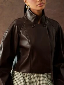 Hauture Women's Streetwear Button Long Sleeve PU Material Jacket - Brown - View 6