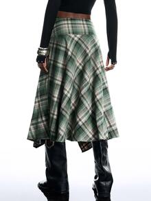 LYSMO Women's Waist Buckle Design Plaid Asymmetrical Hem Casual Skirt - Multicolor - View 2