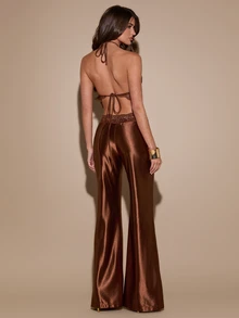 SHEIN BAE Spring/Summer Brown Spaghetti Strap Lace Backless Camisole 2 Pieces Set, Cropped Triangle Top & High-Waisted Flared Long Pants, Soft & Sexy Date Casual Outfit - Brown - View 7