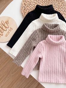 SHEIN 4件組女嬰刷毛彈性羅紋高領長袖基礎套頭上衣，適合冬季 - 彩色 - 查看 5