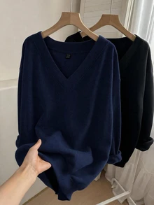 SHEIN LUNE Sweatshirt Fleece Leher V Kasual Wanita, Set 2 Potong, Cocok untuk Musim Gugur/Dingin - MultiWarna - View 5