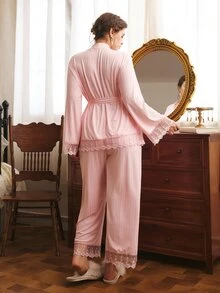 Côtesoire Plus Size Women Lace Patchwork Long Sleeve Top And Pants Casual Daily Home Sleepwear Set - Pink - View 4