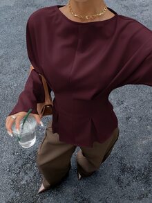 Siren Gaze 女款優雅通勤純色蝙蝠袖修身襯衫 酒紅/紅酒色 - 酒紅色 - 查看 6