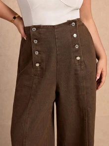 Lounesse Plus Size Women's Button Casual Everyday Denim Jeans - Brown - View 6
