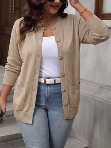 Linhara CURVE Plus Size Women's Single-Breasted Casual Versatile Daily Cardigan - Gold - View 7