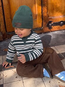 SHEIN Baby Boy Striped Pattern Knit Soft Crew Neck Long Sleeve Pullover Sweatshirt & Elastic Waist Long Pants 2 Pieces Set - Green - View 3