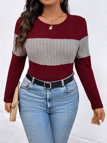 EMERY ROSE Plus Size Contrast Color Round Neck Ribbed Long Sleeve Casual T-Shirt Tees Women Tops For Spring Fall Cloth For Women - Multicolor - View 3