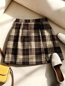 SHEIN Franclia Women's Autumn Plaid Fashion Commute Office College Style Warm Short Skirt - Brown - View 5