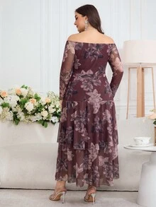 Modelyn Plus Size Women's Spring Summer Autumn Elegant Elegant Party Banquet Floral Print Off-Shoulder Cinched Waist Lightweight Dress - Multicolor - View 3