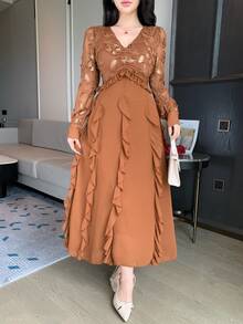 DAZY Women's Sequin Design V-Neck Patchwork Ruffle Elegant Long Sleeve Dress - Burnt Orange - View 5