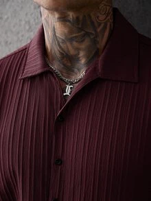 Manfinity CasualCool 男士休閒純色棕色短袖單排扣襯衫，街頭風，夏季 - 酒紅色 - 查看 6