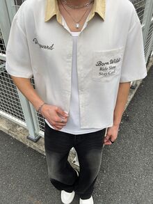 Manfinity Roghcode Men's Letter Print Short Sleeve Single-Breasted Casual Shirt - Beige - View 4