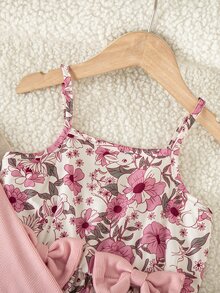 SHEIN Young Girl Solid Color Frill Trim Long Sleeve Open Front Jacket And Floral Print Spaghetti Strap Dress Set - Multicolor - View 4