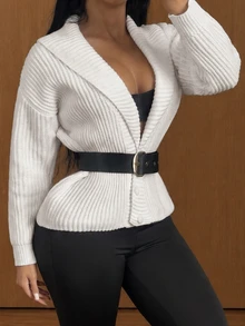 SHEIN SXY Women's Solid Color Shawl Collar Dropped Shoulder Long Sleeve Belted Knit Cardigan - White - View 3