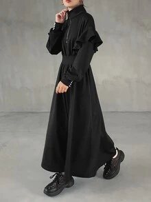 FRIFUL Women's Solid Color Zipper Half-Placket Patchwork Ruffle Hem Casual Long Dress - Black - View 5