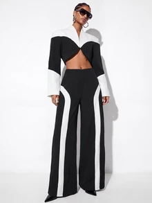 Aveloria GENKIRA Fall Black And White Contrast Color Asymmetrical Design Cropped Stand Collar Curved Hem Loose Wide Shoulder Silhouette Blazer Jacket Women's Suit Set - Black and White - View 6