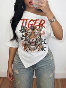 Slaydiva 大尺碼女款字母與老虎圖案休閒日常短袖T恤 - 彩色 - 查看 3