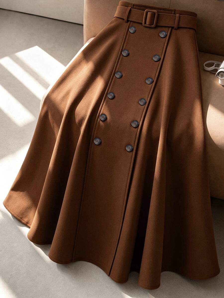 GlowEve Women's Vintage Elegant Button Decor Skirt - Coffee Brown - View 1