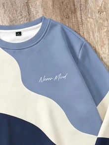 OldRiff Men's Standard Fit Regular Shoulder Crew Neck Pullover Sweatshirt With Thermal Lined, Color Block Print Pattern, Suitable For Autumn/Winter - Blue - View 4