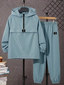 SHEIN 青少年男孩運動套裝，秋冬四季街頭風畢業返校半拉鍊連帽外套與抽繩長褲，休閒純色運動服，秋季服飾 - 藍色 - 查看 3