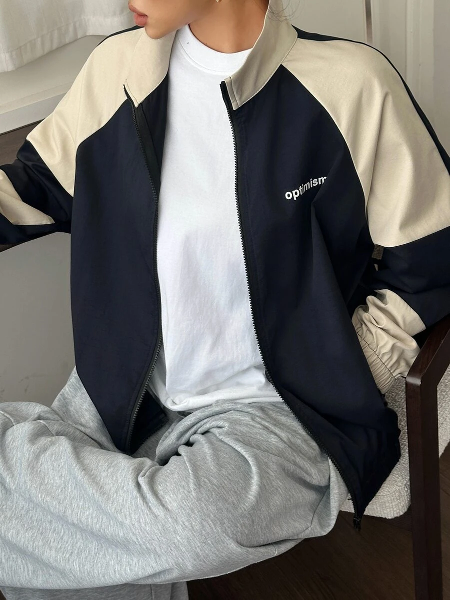 Dazy Plus Letter Print Patchwork Contrast Color Loose Zipper Long Sleeve Casual Vacation Streetwear Spring Autumn Jacket - Navy Blue - View 1