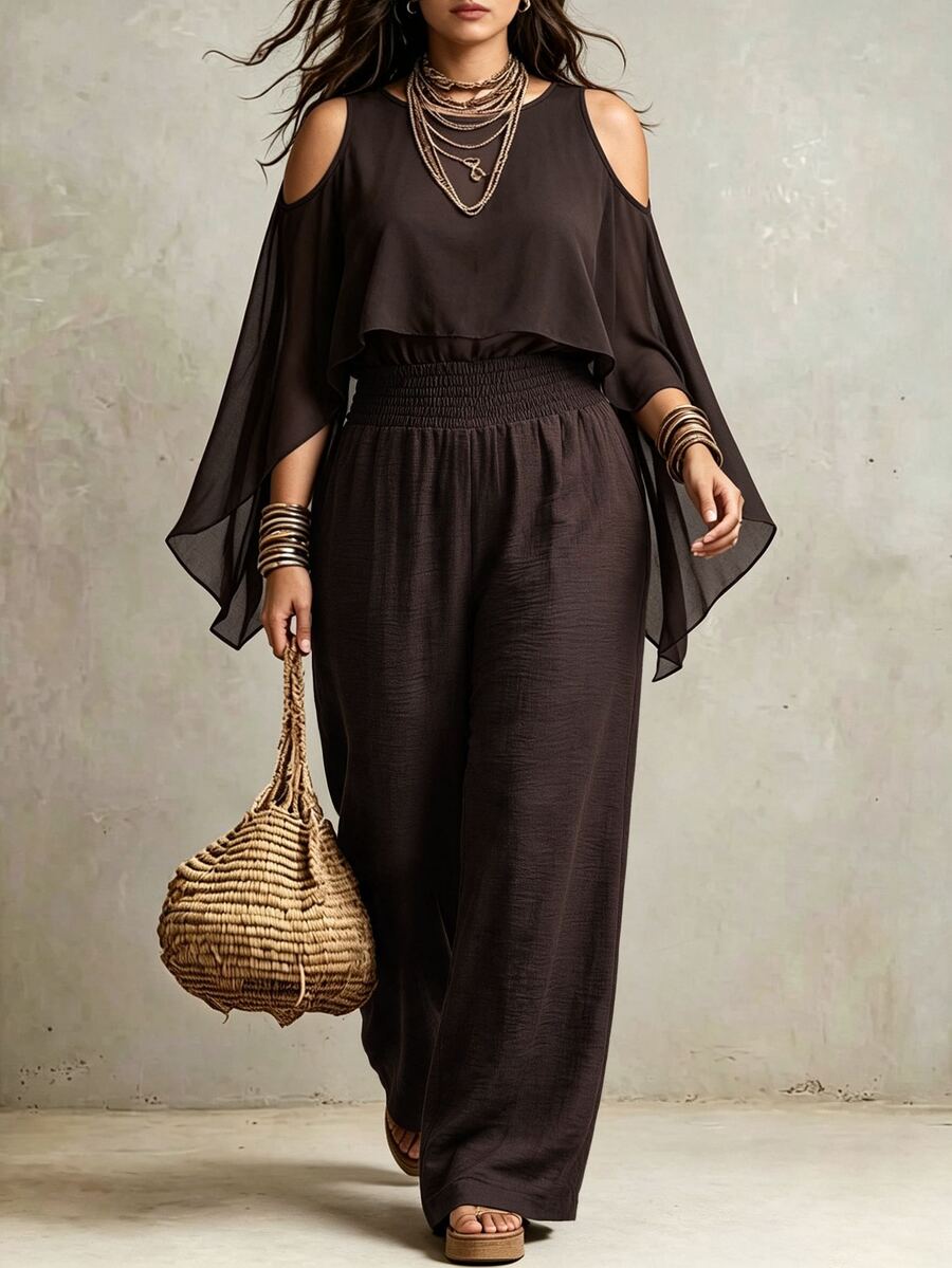 Linhara CURVE Women's Plus Size Autumn Cold Shoulder Chiffon Patchwork Top With Flutter Sleeves And Cable-Knit Elastic Waist Wide Leg Pants, Loose Drapey Mature Style Party & Commute Set - Coffee Brown - View 1