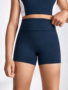 SHEIN 女童運動瑜伽室內運動親膚舒適彈性黑色短褲 - 藏蓝色 - 查看 3