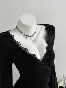 Elamini Women's Solid Color Contrast Lace V-Neck Flared Sleeve Fashion T-Shirt - Black - View 6