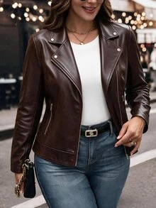 EMERY ROSE Plus Size Women's Bestselling Elegant Lapel Motorcycle Style PU Leather Jacket, Slimming Minimalist Fit With Multi-Functional Zipper Pocket Design, Metal Zipper Decor, Suitable For Daily Versatile Commute, Date, Party Slimming Wear - Coffee Brown - View 1