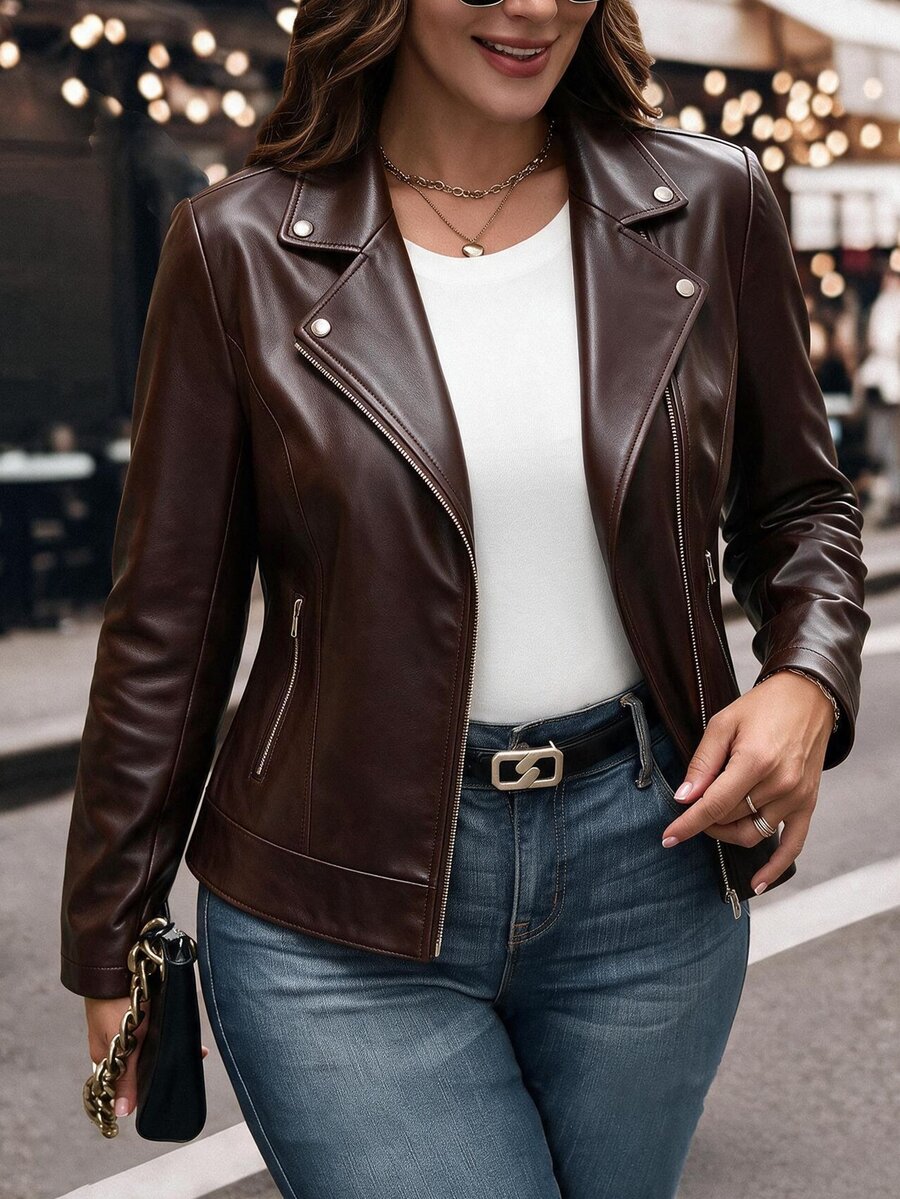 EMERY ROSE Plus Size Women's Bestselling Elegant Lapel Motorcycle Style PU Leather Jacket, Slimming Minimalist Fit With Multi-Functional Zipper Pocket Design, Metal Zipper Decor, Suitable For Daily Versatile Commute, Date, Party Slimming Wear - Coffee Brown - View 1