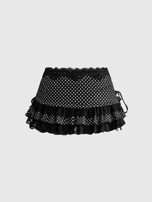 ROMWE Avant 女款復古學院風印花蕾絲拼接不對稱迷你裙 - 黑與白 - 查看 2