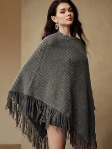 Anewsta French Lazy Ribbed Knit Cape, Tassel Edge Batwing Sleeve Loose Slimming Autumn/Winter Shawl Outerwear - Grey - View 5