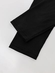 EMERY ROSE Plus Size 2 In 1 Ribbed Collared Top, Asymmetrical Hem Ribbed Knit Long Sleeve T-Shirt, Suitable For Daily Commute, Casual Wear, Light Social Occasions, Layering - Black - View 3