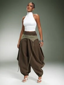 Denimoi Contrast Panel Foldover Oversized Balloon Pants - Brown - View 3