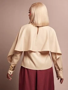 Vixey French Style Double Layer Cape Shawl Blouse For Women, Design Round Neck Loose Batwing Sleeve Draped Commuter Top - Apricot - View 3