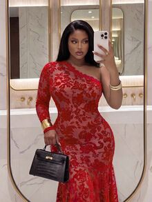 Slaydiva فستان مقاس كبير مثير وأنيق بكتف واحد من الدانتيل مع ذيل حورية البحر للخريف - الأحمر - مشاهدة 3